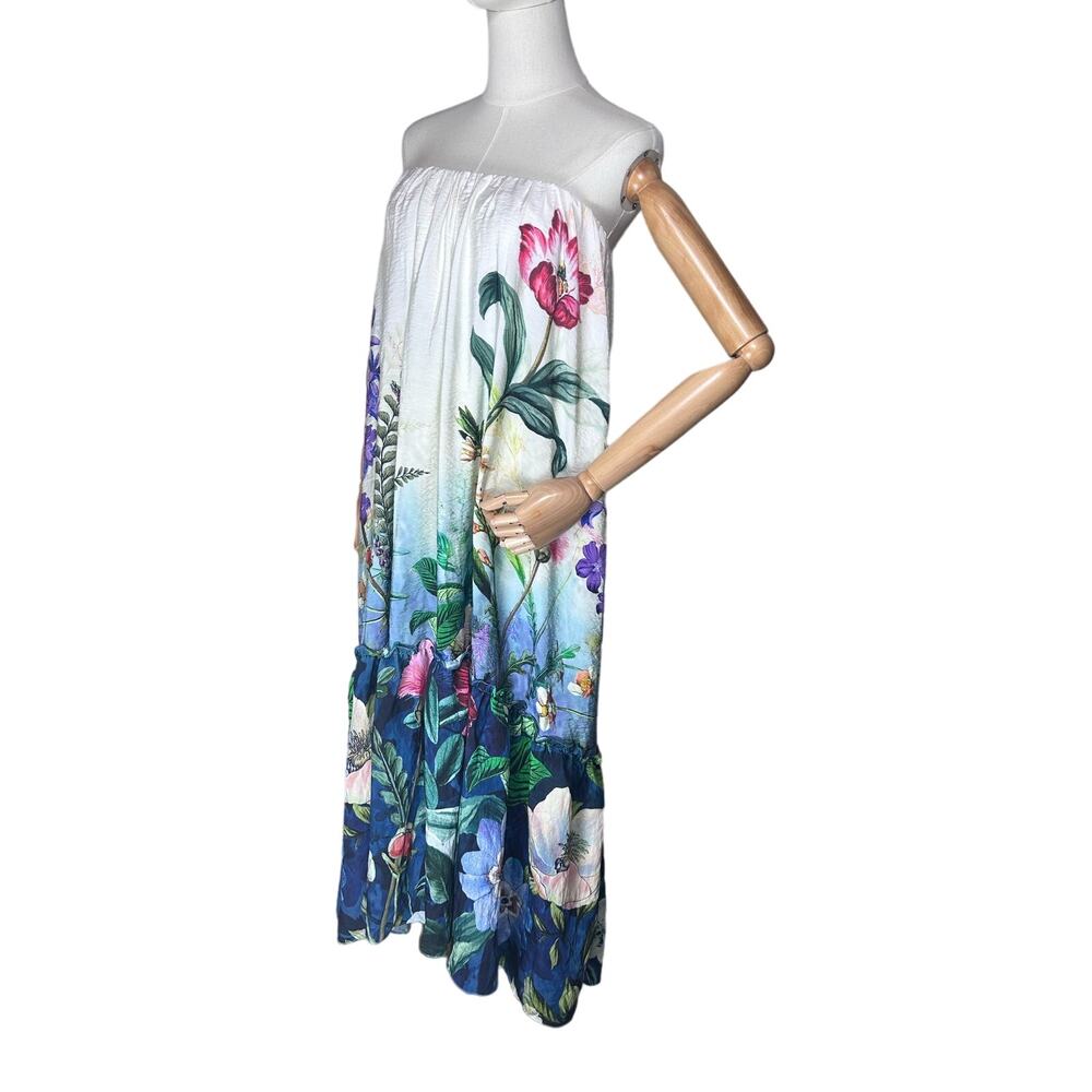 Anthropologie Strapless Floral Ruffle Maxi Dress Size M Viscose White Multicolor